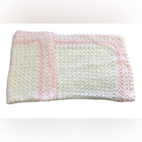 Vintage Pink White Afghan Blanket Throw 36" x 36" Baby Afghan Handmade - Picture 3 of 5